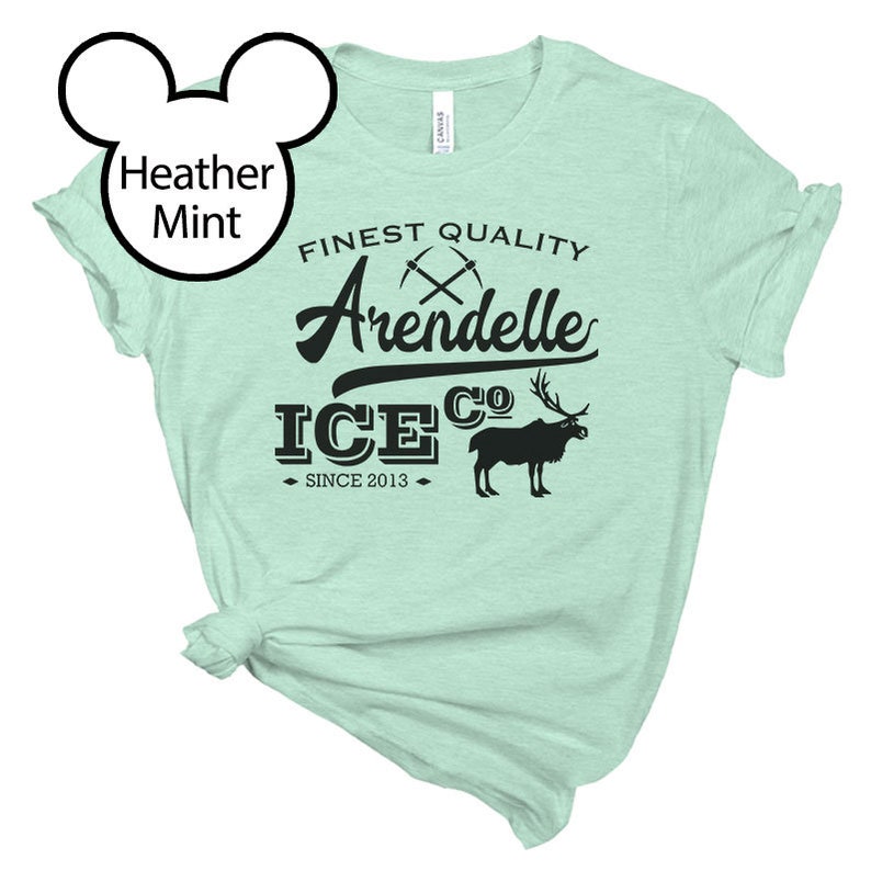 May include: A light green t-shirt with a black graphic design that says "Finest Quality Arendelle Ice Co. Since 2013". The graphic also includes a pair of crossed pickaxes and a reindeer.