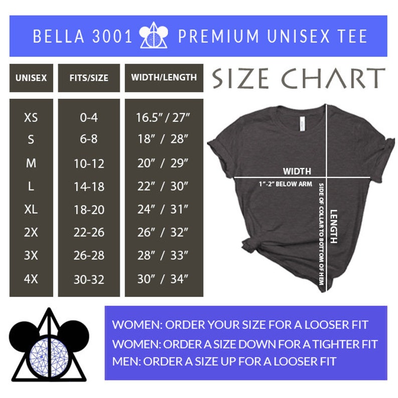 May include: Unisex size chart for a Bella + Canvas 3001 premium t-shirt. The chart shows the shirt's width and length in inches for sizes XS to 4X. The chart also includes a diagram of a t-shirt with measurements for width and length.