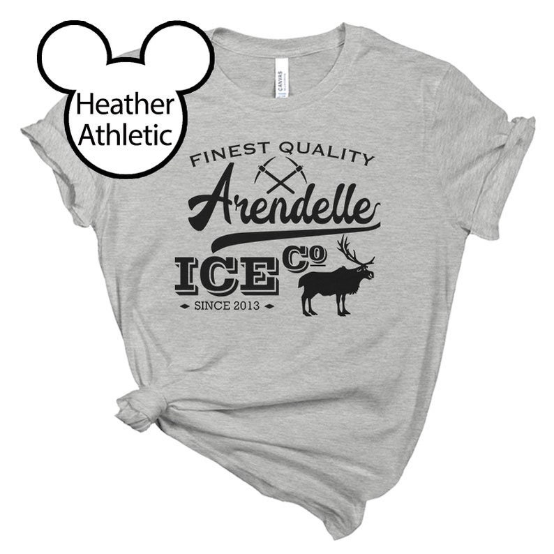 May include: Heather grey t-shirt with a black graphic design that says "Finest Quality Arendelle Ice Co. Since 2013". The graphic also includes a pair of crossed pickaxes and a reindeer.