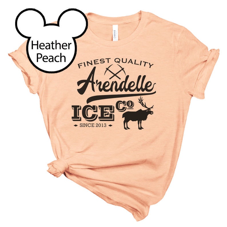 May include: A peach colored t-shirt with a black graphic design that says "Finest Quality Arendelle Ice Co. Since 2013". The graphic also includes a pair of crossed pickaxes and a reindeer.