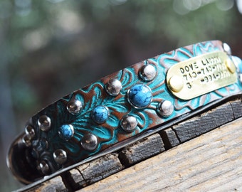 Personalized Turquoise Studded bling Leather Dog Collar by The Diamond Dogs