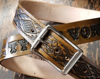 Western Leather Belt with your name on the back. Classic vintage heavy personalized belt with removable buckle