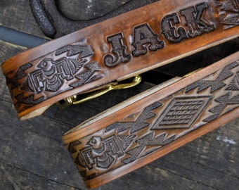Design your own leather dog collar with your dogs name tooled onto the leather like a 1950s Western belt