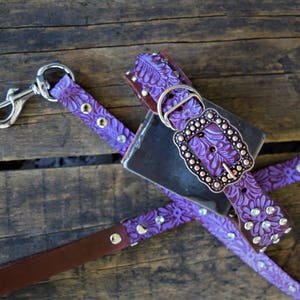 Leather Dog Collar & Leash Set ( Western leather dog collar ~ purple copper collar ~ bling dog collar ~ purple collar )The Diamond Dogs