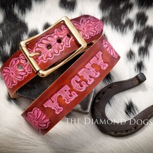 May include: A brown leather dog collar with pink floral and lettering details. The collar is personalized with the name "YEGNY".
