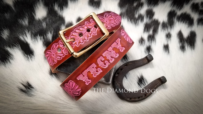 May include: A brown leather dog collar with pink floral and lettering details. The collar is personalized with the name "YEGNY".