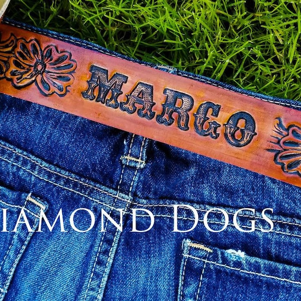 Classic Western Tooled Leather Belt w your Name. made proudly in USA