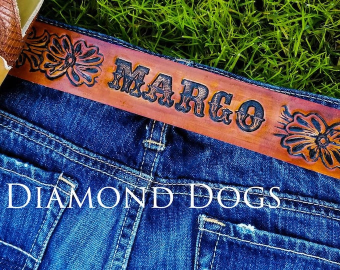 Classic Western Tooled Leather Belt w your Name. made proudly in USA