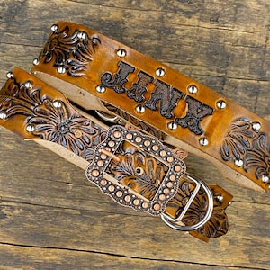 Personalized leather dog collar with your dogs name tooled onto the leather like a 1950s Western belt by The Diamond Dogs