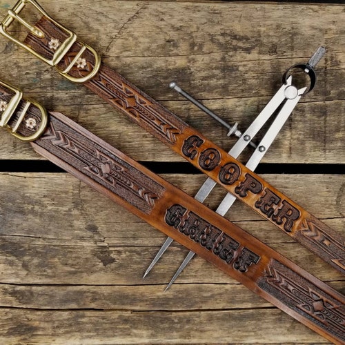 Personalized Western Leather Dog Collar - Custom with Your Dog's Name & Design choice -tooled proudly in the USA right here in Arizona