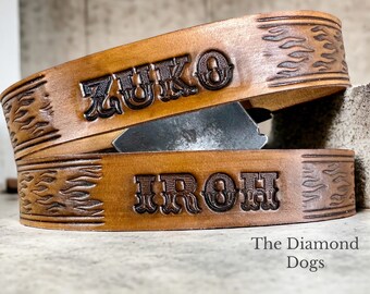 Design your own leather dog collar with your dogs name tooled onto the leather like a 1950s Western belt