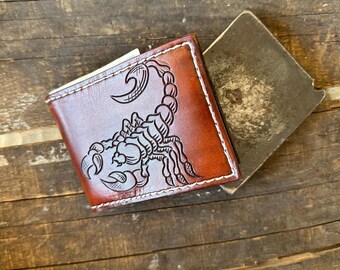 Western scorpion old school hand tooled bill fold Ready to ship