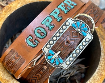 Western leather collar personalized with your dogs name