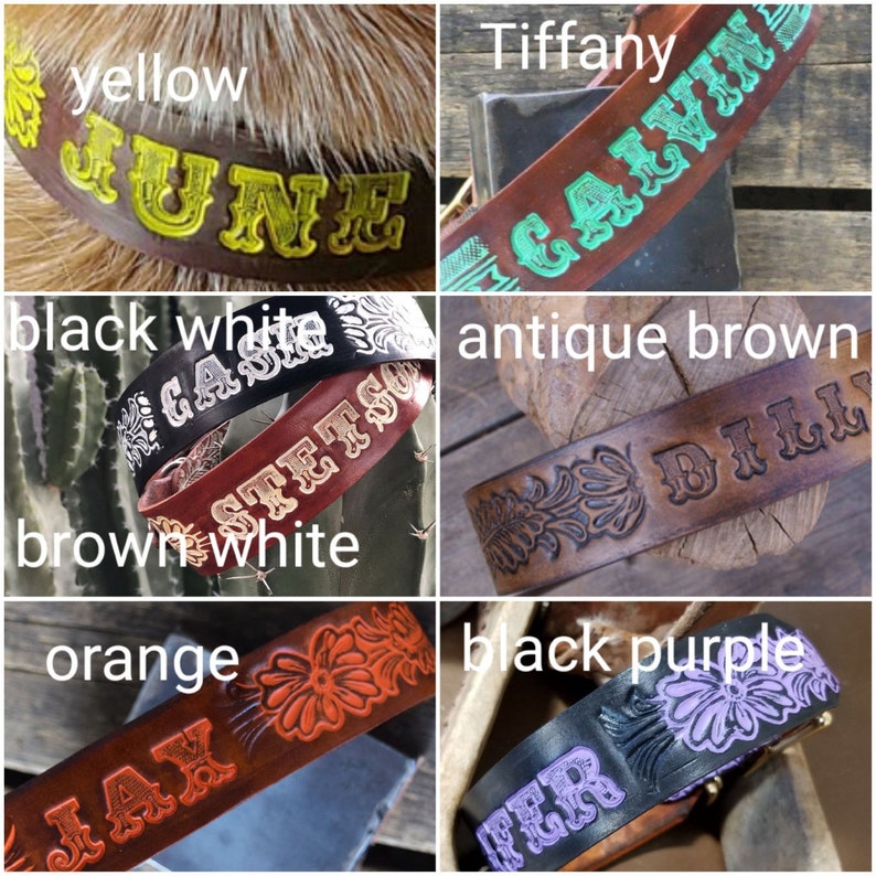May include: A collage of ten leather collars with different colors and names embossed on them. The collars are in the following colors: yellow, black, brown, orange, antique brown, black, tiffany, white, and purple.