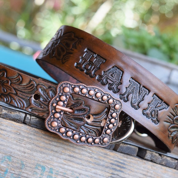 Personalized leather dog collar with your dogs name tooled onto the leather like a 1950s Western belt by The Diamond Dogs