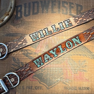 Western leather dog collar personalized with your dogs name tooled like a vintage Western belt