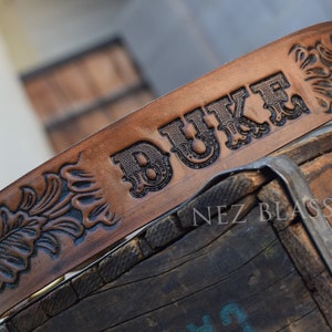 Leather dog collar: Design your own personalized dog collar with your dogs name tooled onto the leather like a 1950s Western belt