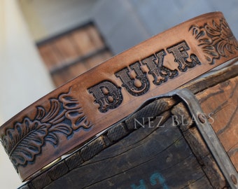 Personalized Leather Dog Collar: Western Tooled Name Made in Arizona