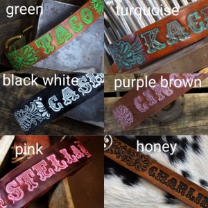 May include: Six leather dog collars with different colored embroidery and names. The collars are green with the name "TACO", turquoise with the name "KAGI", black with the name "CASH", purple with the name "GINO", pink with the name "STELLA", and honey with the name "CHARLIE".
