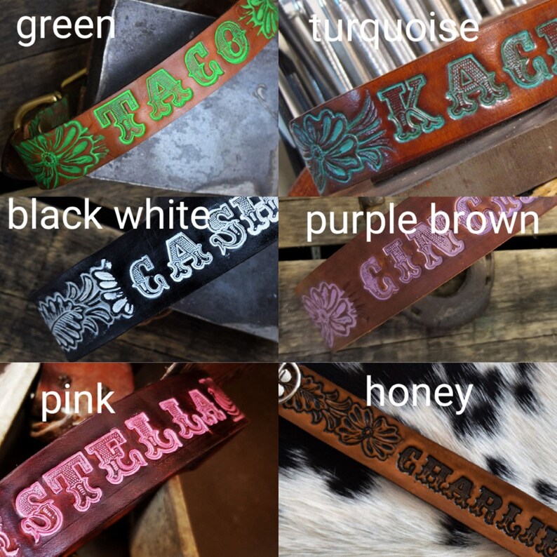 May include: Six leather dog collars with different colored embroidery and names. The collars are green with the name "TACO", turquoise with the name "KAGI", black with the name "CASH", purple with the name "GINO", pink with the name "STELLA", and honey with the name "CHARLIE".