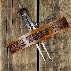 personalized Western leather dog collar with your dogs name tooled onto the leather like a 1950s Western belt