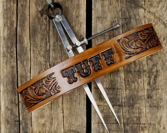 personalized Western leather dog collar with your dogs name tooled onto the leather like a 1950s Western belt