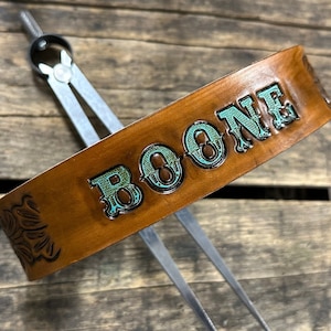 Western leather dog collar personalized with your dogs name tooled like a vintage Western belt