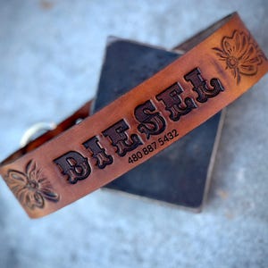 personalized Western leather dog collar w your dogs name & phone number custom with your choice of tooling Handmade in USA