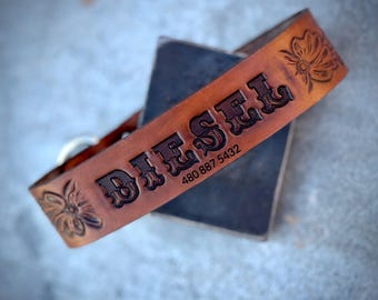 personalized Western leather dog collar w your dogs name & phone number custom with your choice of tooling Handmade in USA