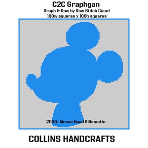 May include: A blue and white C2C graphgan pattern for crocheting a Mickey Mouse head silhouette. The pattern is for a 100 square by 100 square graphgan.