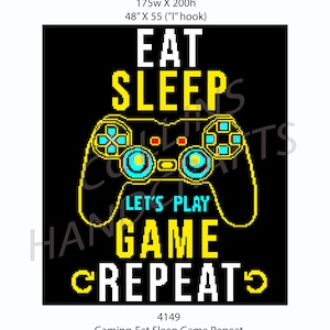 May include: A black and yellow pixelated graphic of a video game controller with the text "Eat Sleep Game Repeat" in yellow. The text "Let's Play" is in white on a blue background.