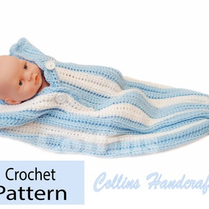 May include: A blue and white striped crocheted baby sleeping bag with a drawstring at the bottom. The sleeping bag is made with a simple crochet stitch and has a button closure at the top.