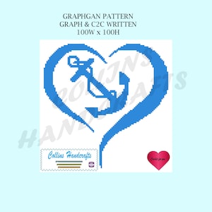 May include: A blue anchor design inside a heart shape, with the text "GRAPHGAN PATTERN" and "GRAPH & C2C WRITTEN" at the top. The dimensions are 100W x 100H. The image also includes the text "Collins Handcrafts" and "Crochet for you".