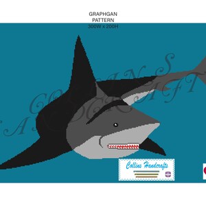 May include: A graphgan pattern for crocheting a shark. The pattern is 300 stitches wide and 200 stitches high. The shark is gray with a black dorsal fin and tail. The pattern is for a beginner crocheter.