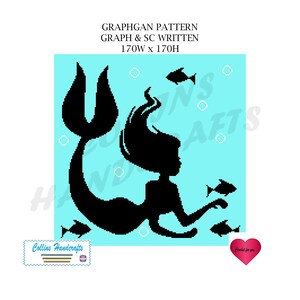 May include: A black silhouette of a mermaid with flowing hair and a tail, swimming in a turquoise blue background with white circles and black fish. The text "GRAPHGAN PATTERN GRAPH & SC WRITTEN 170W x 170H" is at the top of the image.