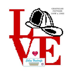 May include: Red "LOVE" graphic with a black firefighter hat on top. The graphic is 100 pixels wide by 100 pixels high. The text "GRAPHGAN PATTERN" is above the graphic.