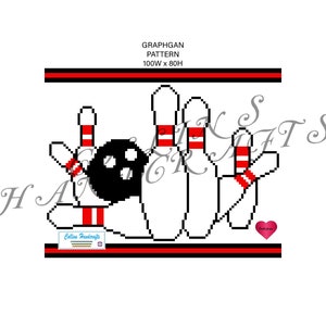 May include: A graphghan pattern for a bowling themed design. The pattern is 100 stitches wide by 80 rows high. The design features five bowling pins and a bowling ball.