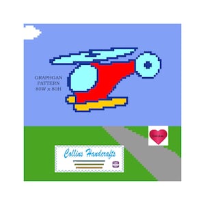 Könnte beinhalten: Ein Pixel-Art-Graphghan-Muster eines roten Hubschraubers mit blauen Rotorblättern und gelbem Fahrwerk. Das Muster ist 80 Maschen breit und 80 Maschen hoch. Das Muster stammt von Collins Handcrafts.