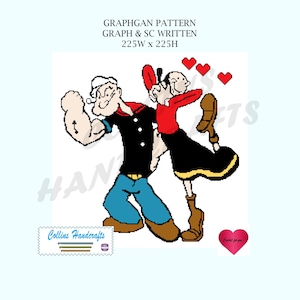 Puede incluir: Un patrón de crochet con Popeye y Olivia bailando. El patrón está escrito en gráfico y punto simple. El patrón tiene 225 puntos de ancho por 225 puntos de alto.