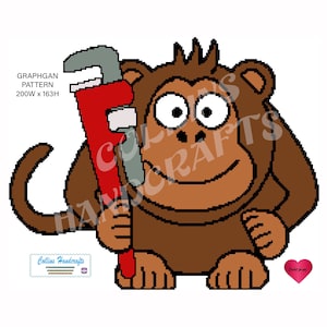 Könnte beinhalten: Ein brauner Affe mit einem breiten Lächeln hält einen roten Schraubenschlüssel. Der Affe steht auf einem weißen Hintergrund. Der Text "Graphgan Pattern 200W x 163H" befindet sich in der oberen linken Ecke des Bildes.