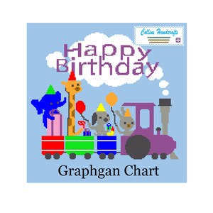 Puede incluir: Un gráfico de graphghan colorido con un tren con animales y las palabras "Feliz cumpleaños". El tren tiene una locomotora morada, vagones rojos, verdes y azules, y una nube blanca con las palabras "Feliz cumpleaños" encima.