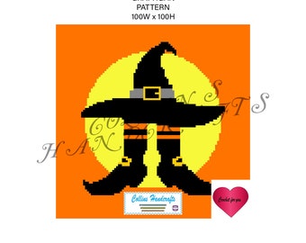 May include: A graphghan pattern for crocheting a witch with a black hat and orange and black striped legs against a yellow moon and orange background. The pattern is 100 stitches wide by 100 stitches high.