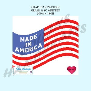 May include: A crochet pattern for a red, white, and blue American flag with the words "Made in America" in blue. The pattern is 200 stitches wide and 180 stitches high.