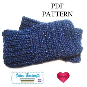 May include: PDF pattern for crocheting a pair of blue sparkly fingerless gloves. The pattern is available for download.