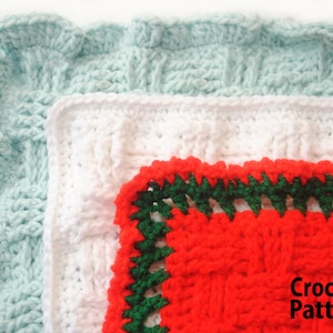 May include: A crochet pattern for a blanket with three layers. The top layer is light blue, the middle layer is white, and the bottom layer is red with a green border. The text "Crochet Pattern" is visible in the bottom right corner.