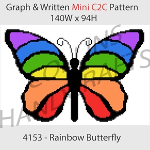 May include: A rainbow colored butterfly graphic for a crochet C2C pattern. The pattern is 140 stitches wide and 94 stitches high. The pattern is titled "4153 - Rainbow Butterfly".