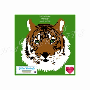 May include: A pixelated graphgan pattern of a tiger's face with green eyes. The pattern is 100 stitches wide by 100 stitches high. The pattern is on a green background. The text "Crochet for you" is in a heart shape.