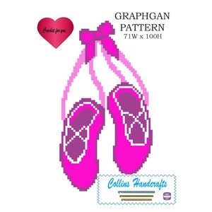 May include: A crochet pattern for a pair of pink ballet shoes with a pink bow. The pattern is 71 stitches wide and 100 rows high. The pattern is from Collins Handcrafts.