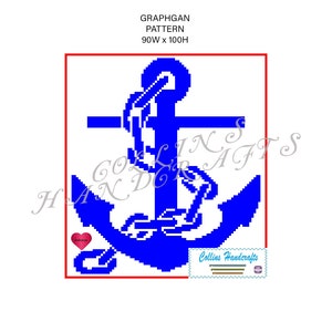 Op de afbeelding: Een blauw ankerontwerp op een witte achtergrond, omlijst in rood. De afbeelding bevat de tekst "GRAPHGAN PATTERN 90W x 100H" en de woorden "COLLINS HANDCRAFTS". Er is ook een kleine hartafbeelding aanwezig.