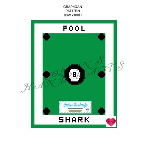 May include: A green pool table with a black 8 ball in the center. The table is surrounded by a white border and the words "POOL" and "SHARK" are printed on the table. The text "Collins Handcrafts" is printed on a small white rectangle in the lower center of the table.
